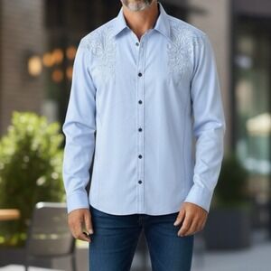 Roar for Buckle Men's XL Athletic Fit Blue Embroidered‎ Shirt Western Rock